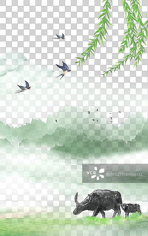 中国风春天绿色水墨山水画背景图片素材