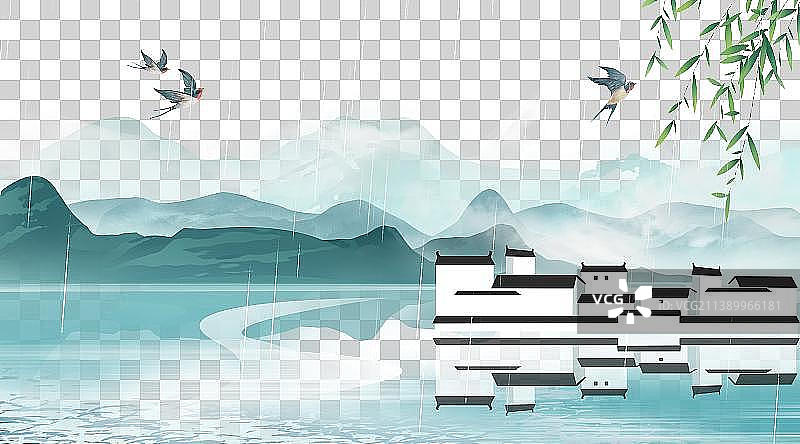 中国风春天绿色水墨山水画背景图片素材