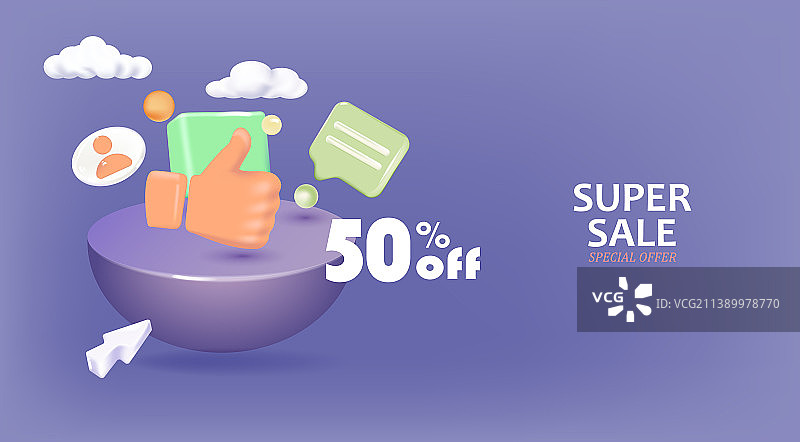 3D紫色促销设计，带点赞手势和文字50图片素材