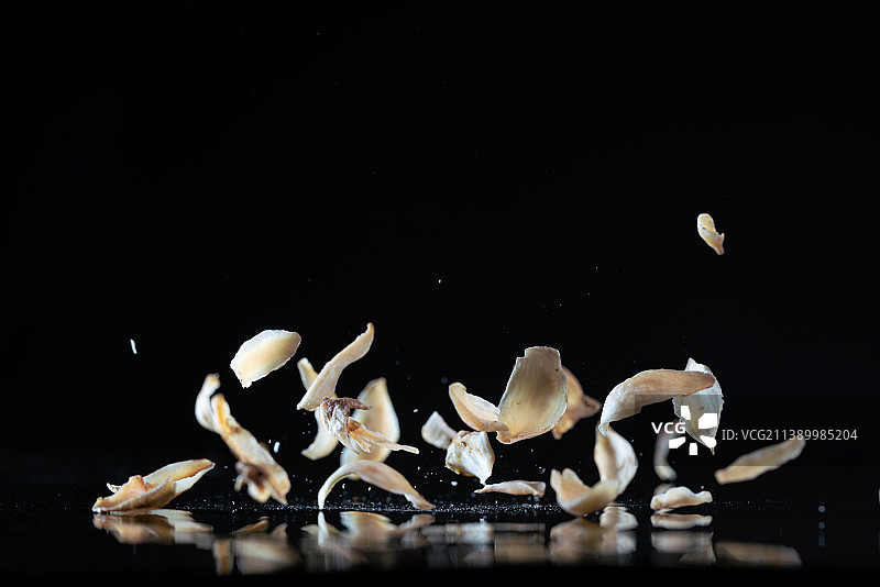 黑色背景下的跳动的干货百合干创意广告素材图片素材