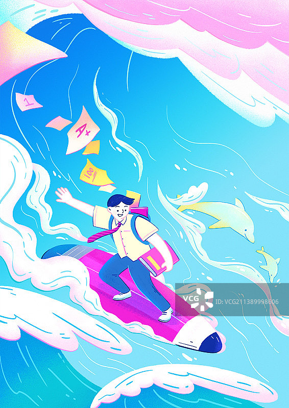 学童在书本上用铅笔冲浪插画图片素材