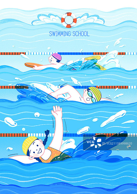 在游泳池里游泳的男孩和女孩插画图片素材