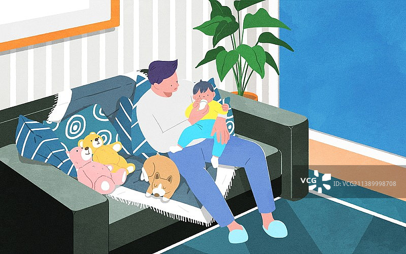 父亲在沙发上喂宝宝插画图片素材