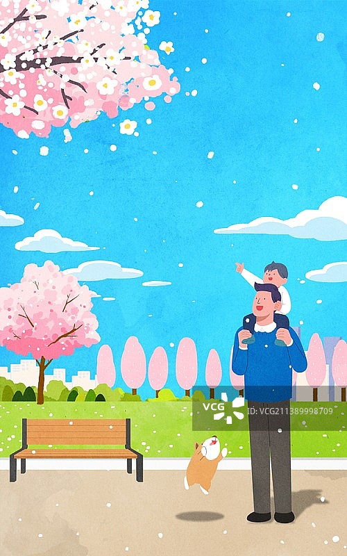 父亲在公园里背着儿子插画图片素材