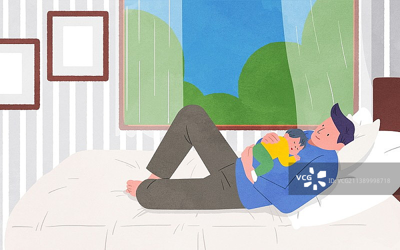 父亲拥抱熟睡儿子的插画图片素材