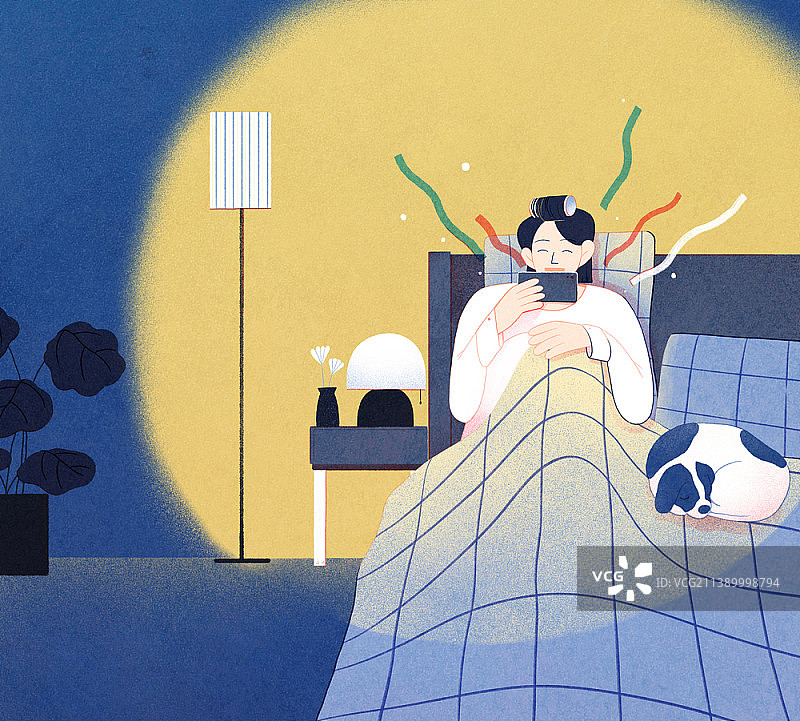 在床上看手机的女人插画图片素材