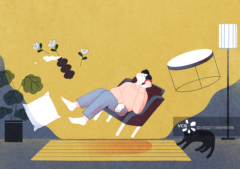 戴着耳机在沙发上放松的妇女插画图片素材