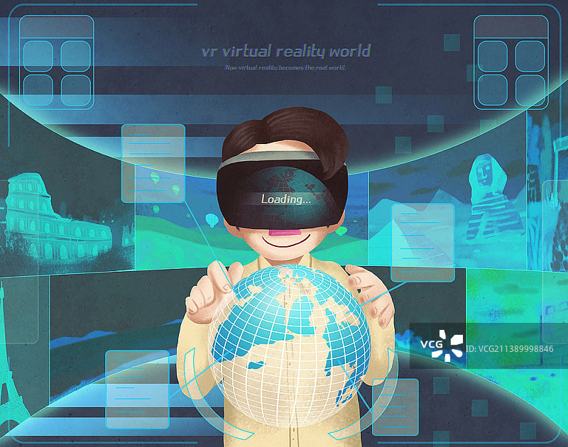 男人戴着VR头显和全息影像的插图图片素材