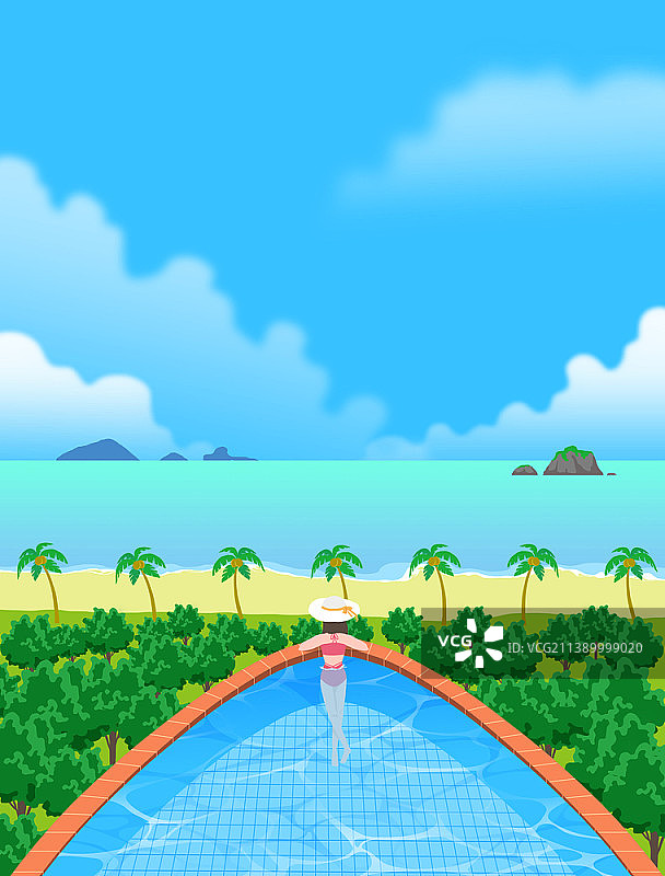在泳池里看海的女人插画图片素材