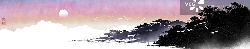 日落群鸟山脉笔触画图片素材