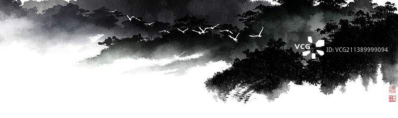 山脉和鸟群的笔触画图片素材