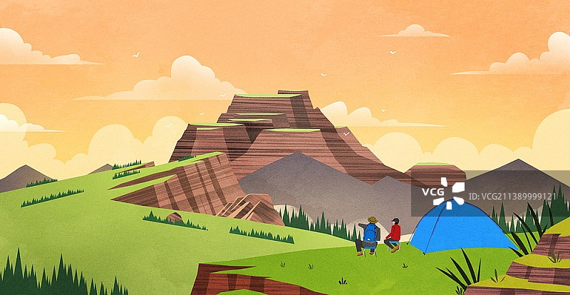 山顶帐篷露营人物插画图片素材