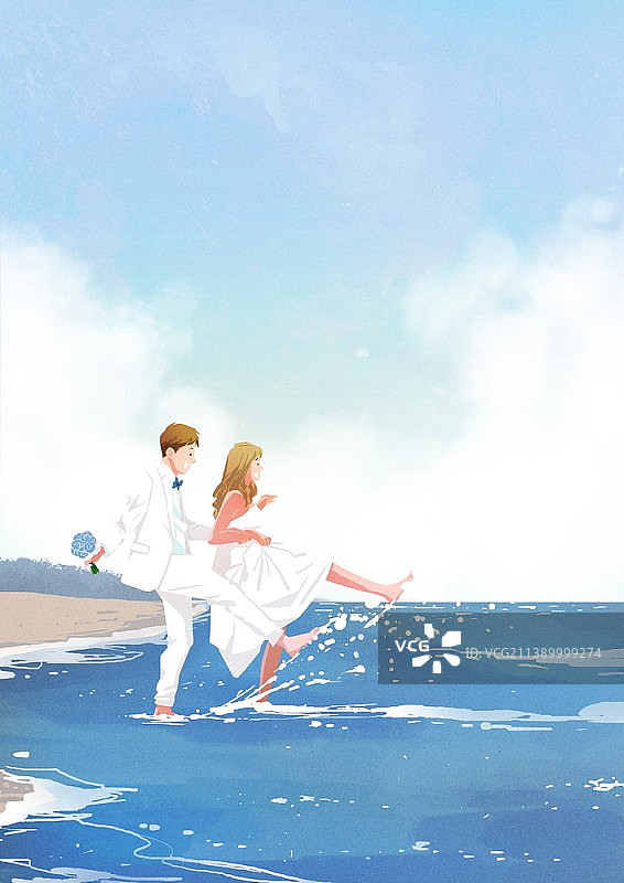 沙滩上的新娘和新郎插画图片素材