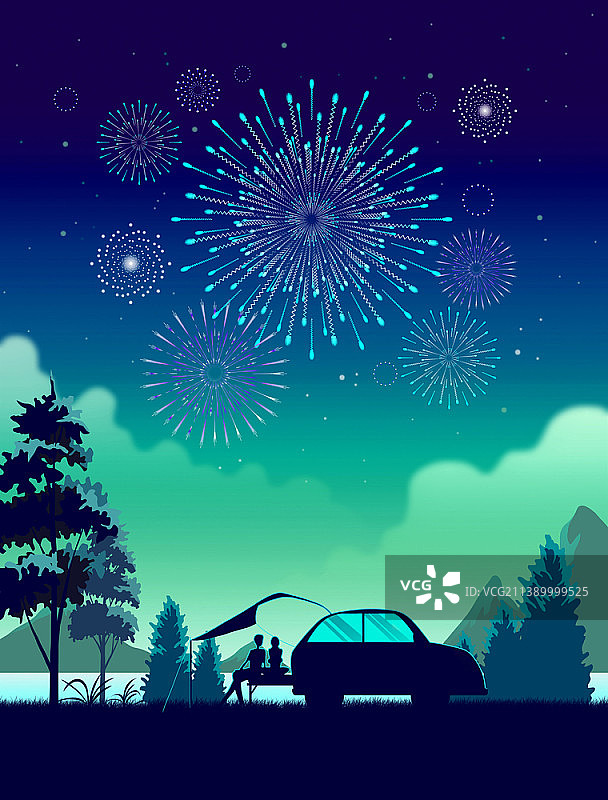 人们在燃放烟花露营插画图片素材