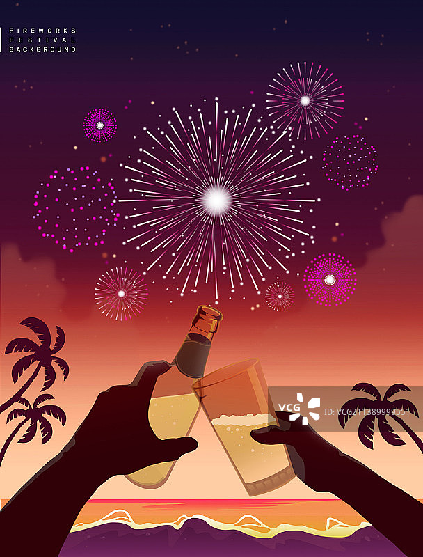 两人在海滩上举杯庆祝，燃放烟花的插画图片素材