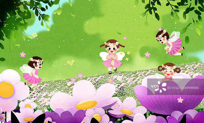 在花田里玩耍的带翅膀的女孩插画图片素材