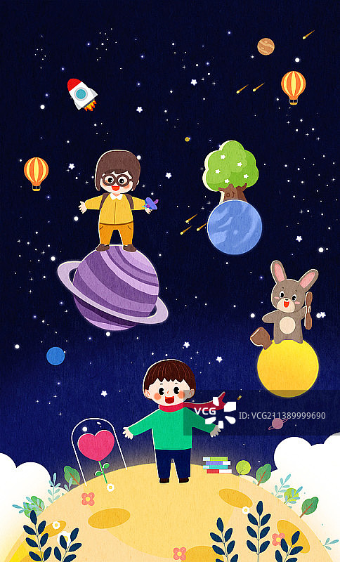 男孩女孩与兔子在太空玩耍插画图片素材