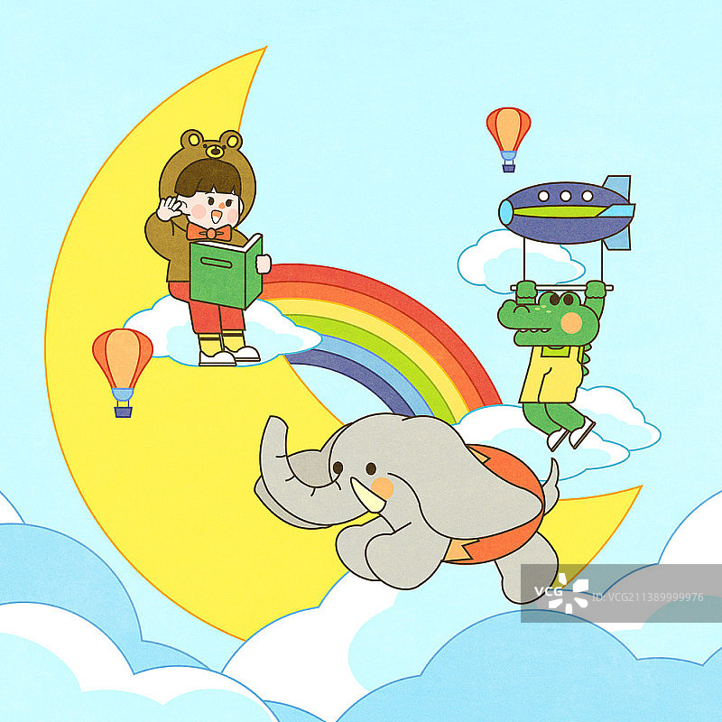 男孩与大象和鳄鱼一起阅读书籍的插画图片素材