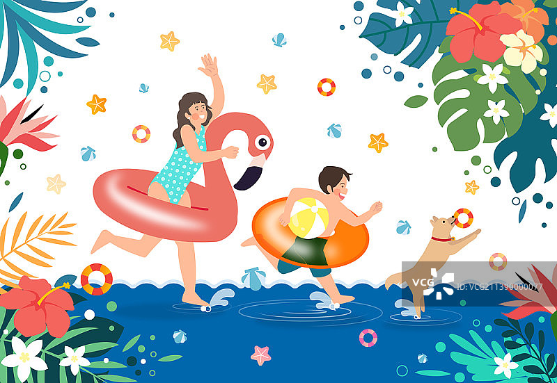 女人和男孩带着游泳圈与狗奔跑的矢量图图片素材