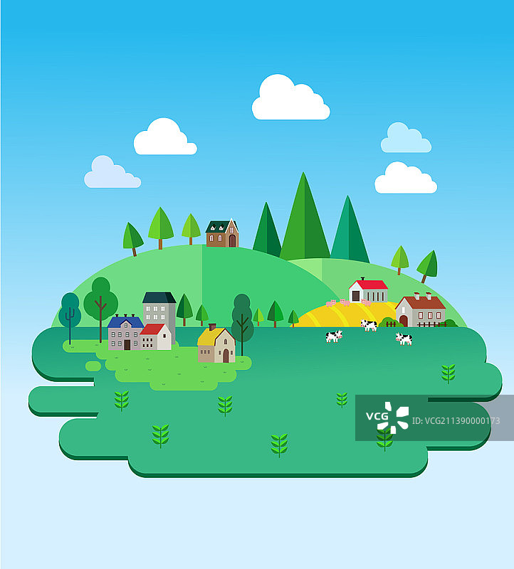 带牧场的村庄矢量图图片素材