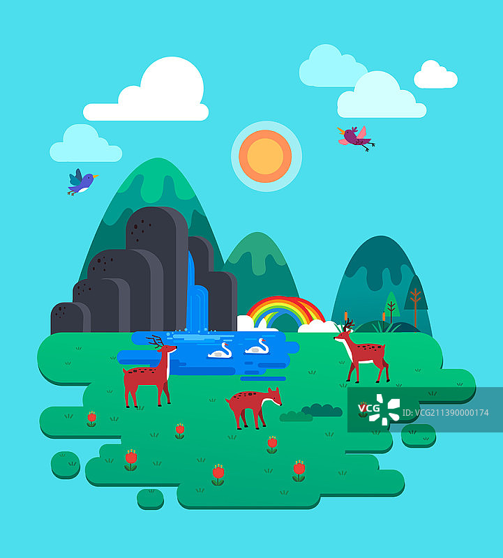 鹿和天鹅山脉矢量插画图片素材