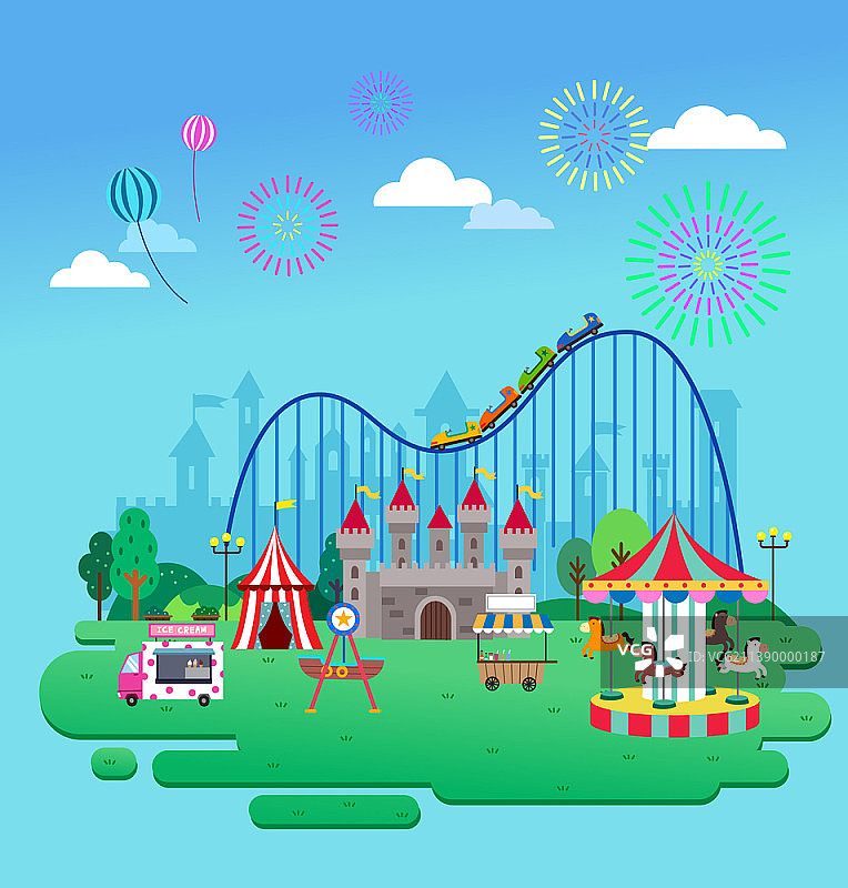 带烟花的游乐园矢量插画图片素材