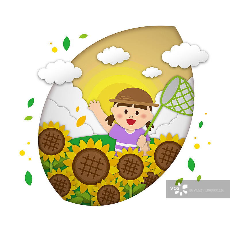 手持捕蝶网和向日葵的女孩矢量插画图片素材