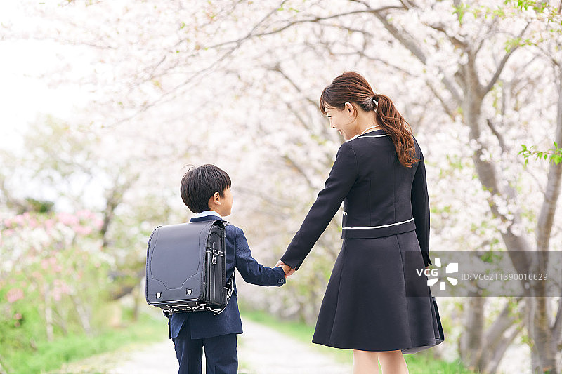 日本小学生男孩和母亲在樱花下散步图片素材