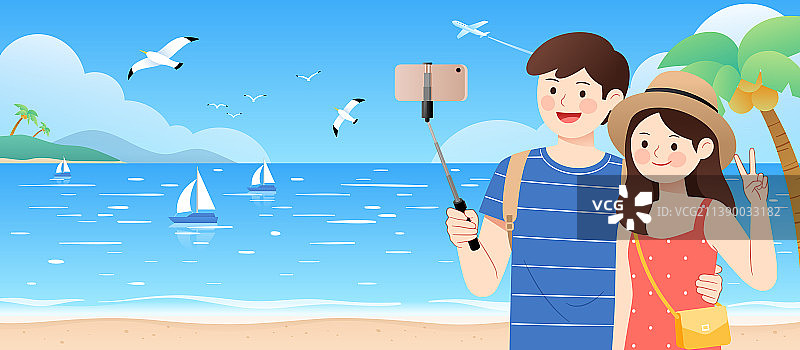 一对情侣拿着自拍杆在海边自拍图片素材