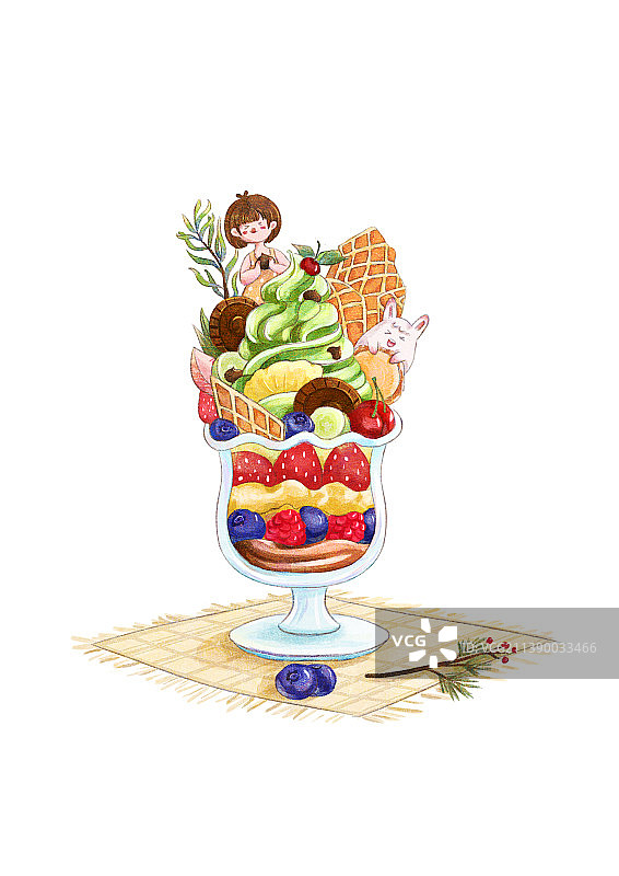 玻璃杯装水果冰淇淋可爱风格插画图片素材