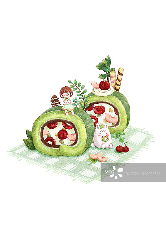 抹茶蛋卷甜点可爱风格插画图片素材