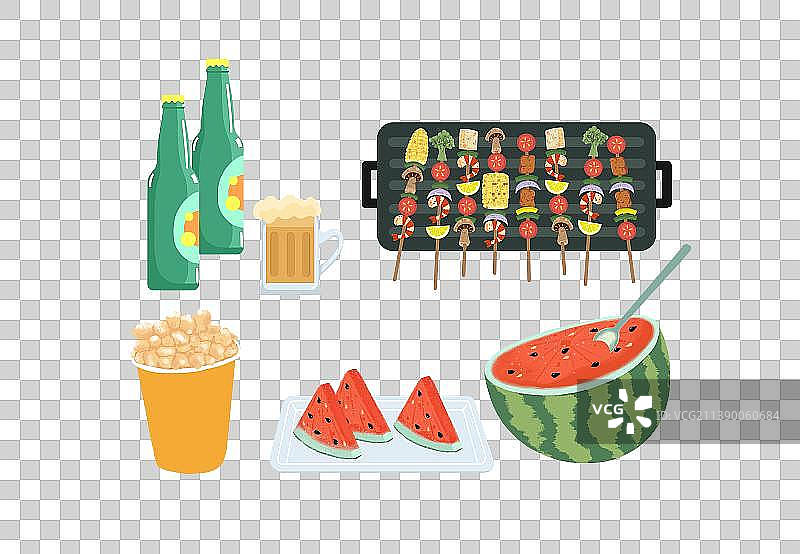 夏季啤酒烧烤西瓜爆米花插画元素图片素材