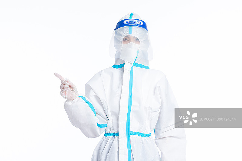 白色背景里的身穿防护服的女孩图片素材