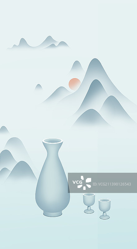 中国风新中式白酒山水插画，中秋节端午节清明节陶瓷酒壶酒杯传统饮品米酒果酒图片素材