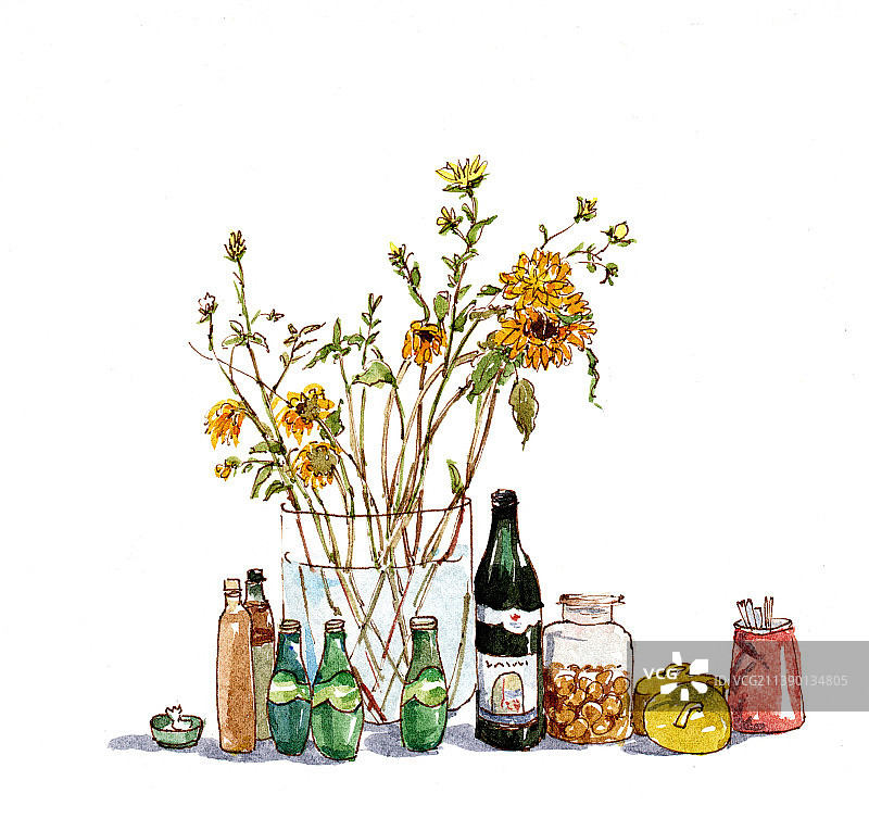 餐桌桌面小景鲜花插花瓶瓶罐罐图片素材