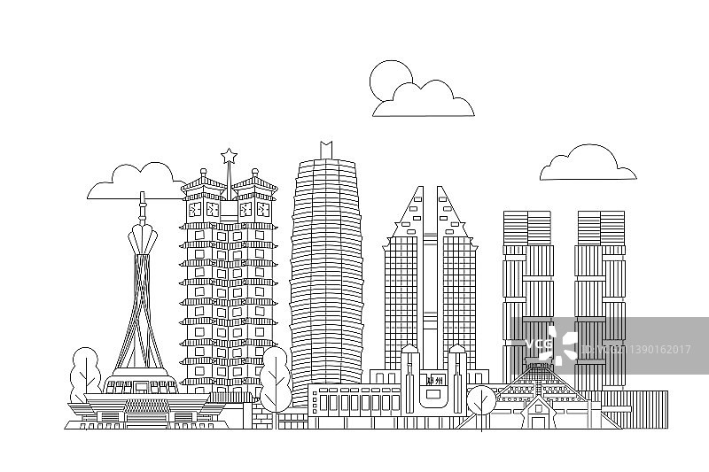 郑州城市建筑黑白线条矢量插画图片素材