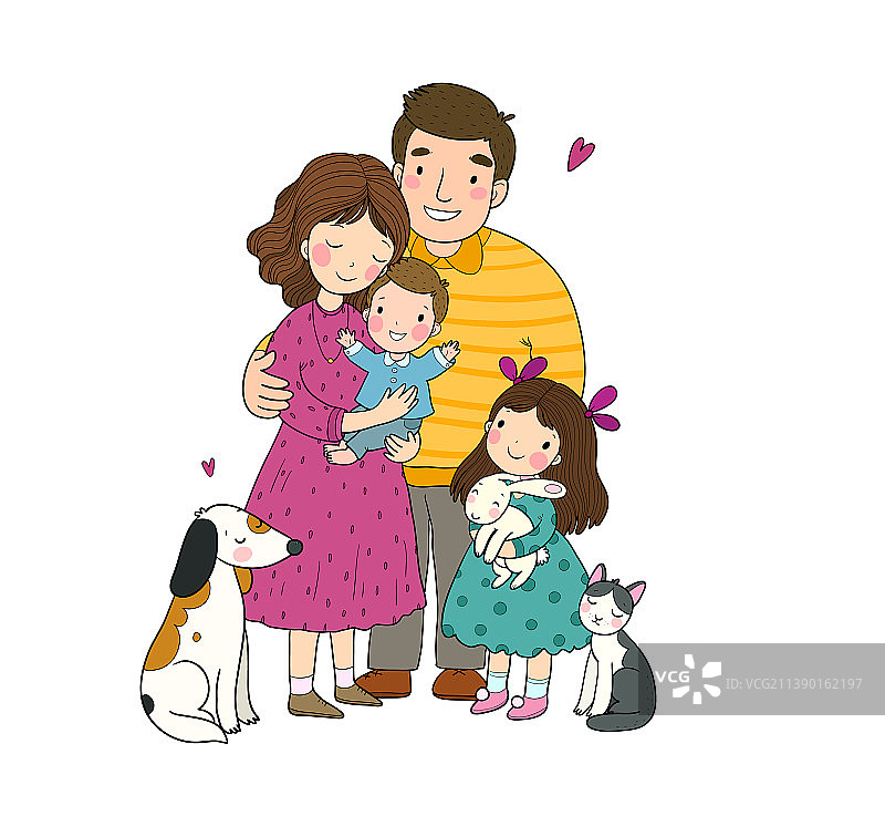 可爱的卡通家庭与猫、狗图片素材