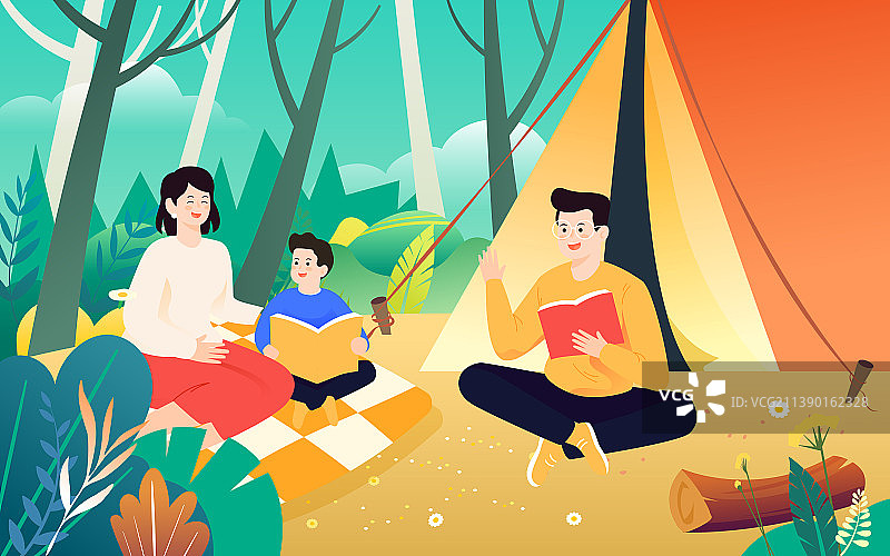 夏天暑期户外露营草地帐篷野餐家人聚会插画图片素材
