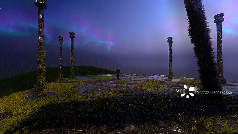 科幻场景下的黑衣人极光图片素材