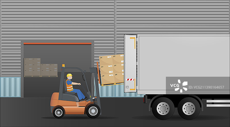 叉车将装有纸箱的托盘装入图片素材