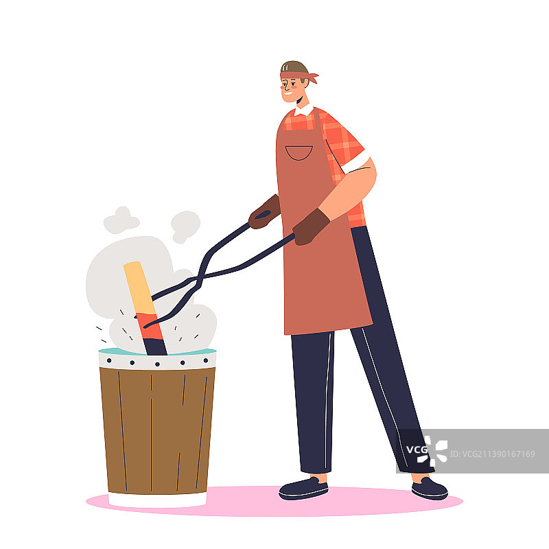 铁匠师傅从火炉中取出热金属材料图片素材