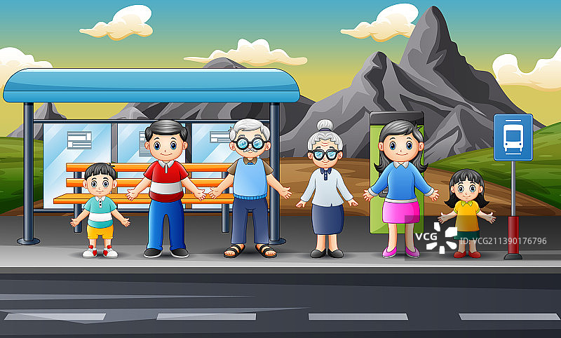 卡通家庭成员等待交通工具图片素材