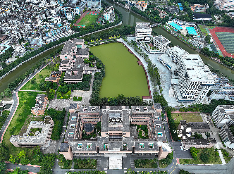 广东省江门市蓬江区五邑大学东湖公园航拍图片素材