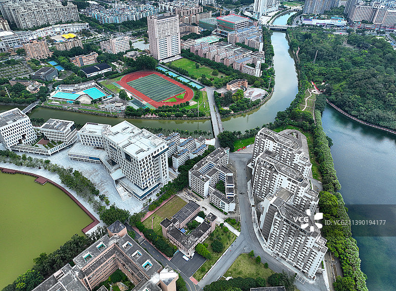 广东省江门市蓬江区五邑大学东湖公园航拍图片素材