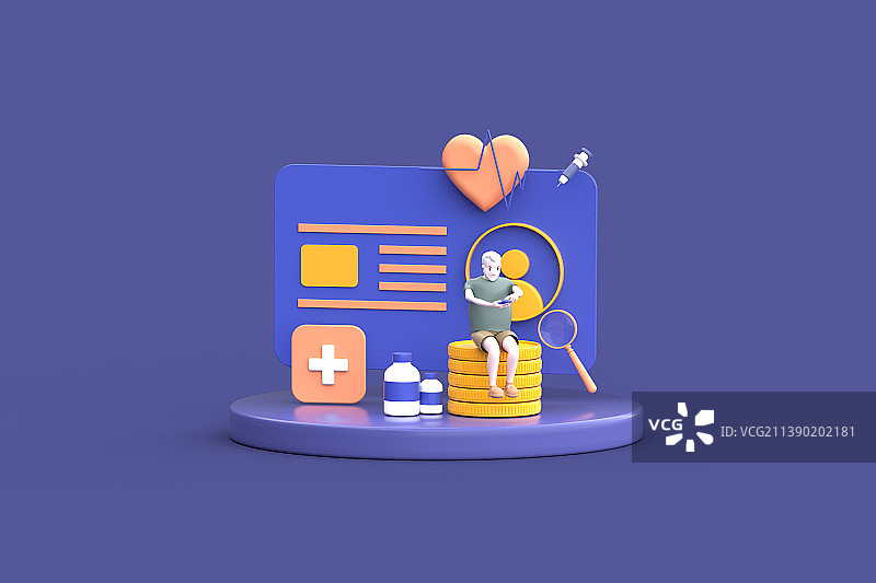 3D渲染老龄医保健康卡通插画图片素材