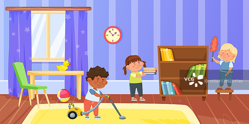 在客厅做家务的卡通儿童图片素材