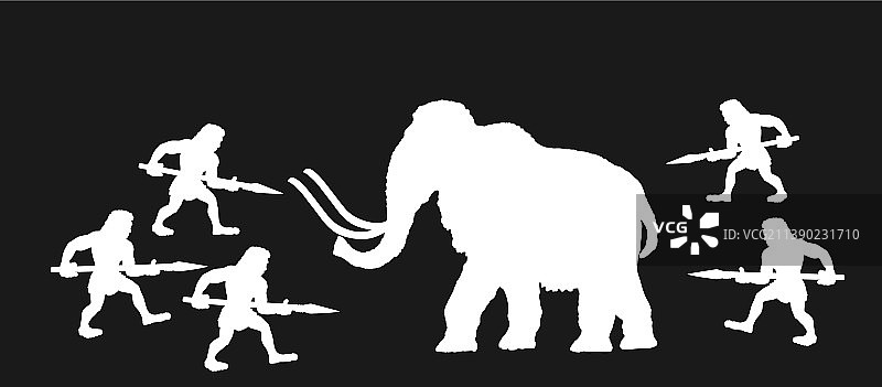 穴居人使用长矛猎杀猛犸象的轮廓图片素材