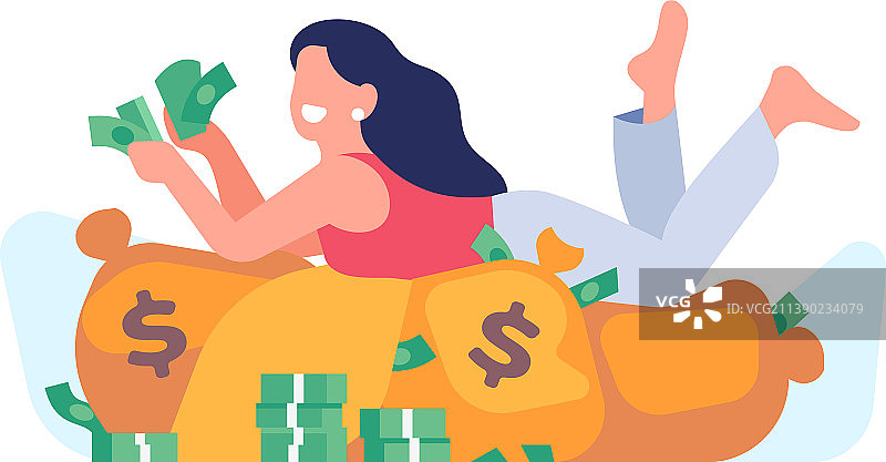 躺在钱袋上的富有女人图片素材