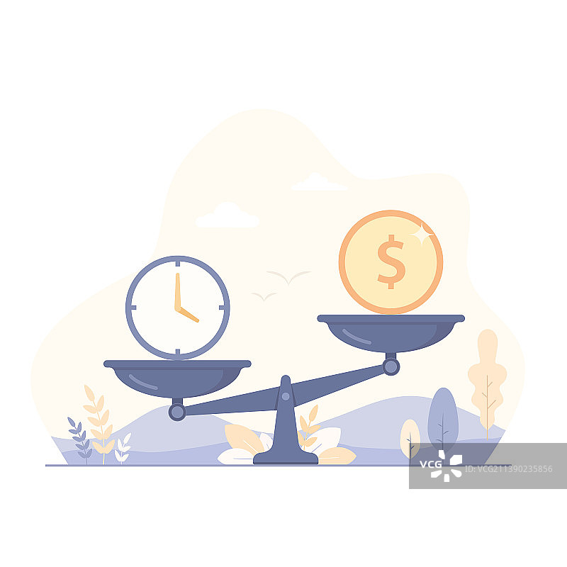 天平上的时钟和金钱扁平规划图片素材