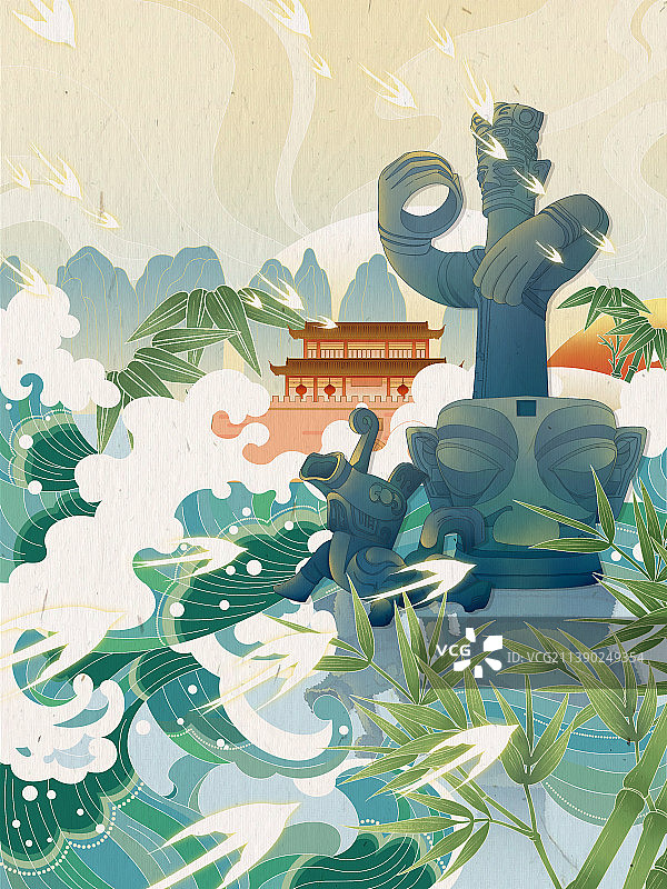 三星伴月国潮风三星堆插画图片素材